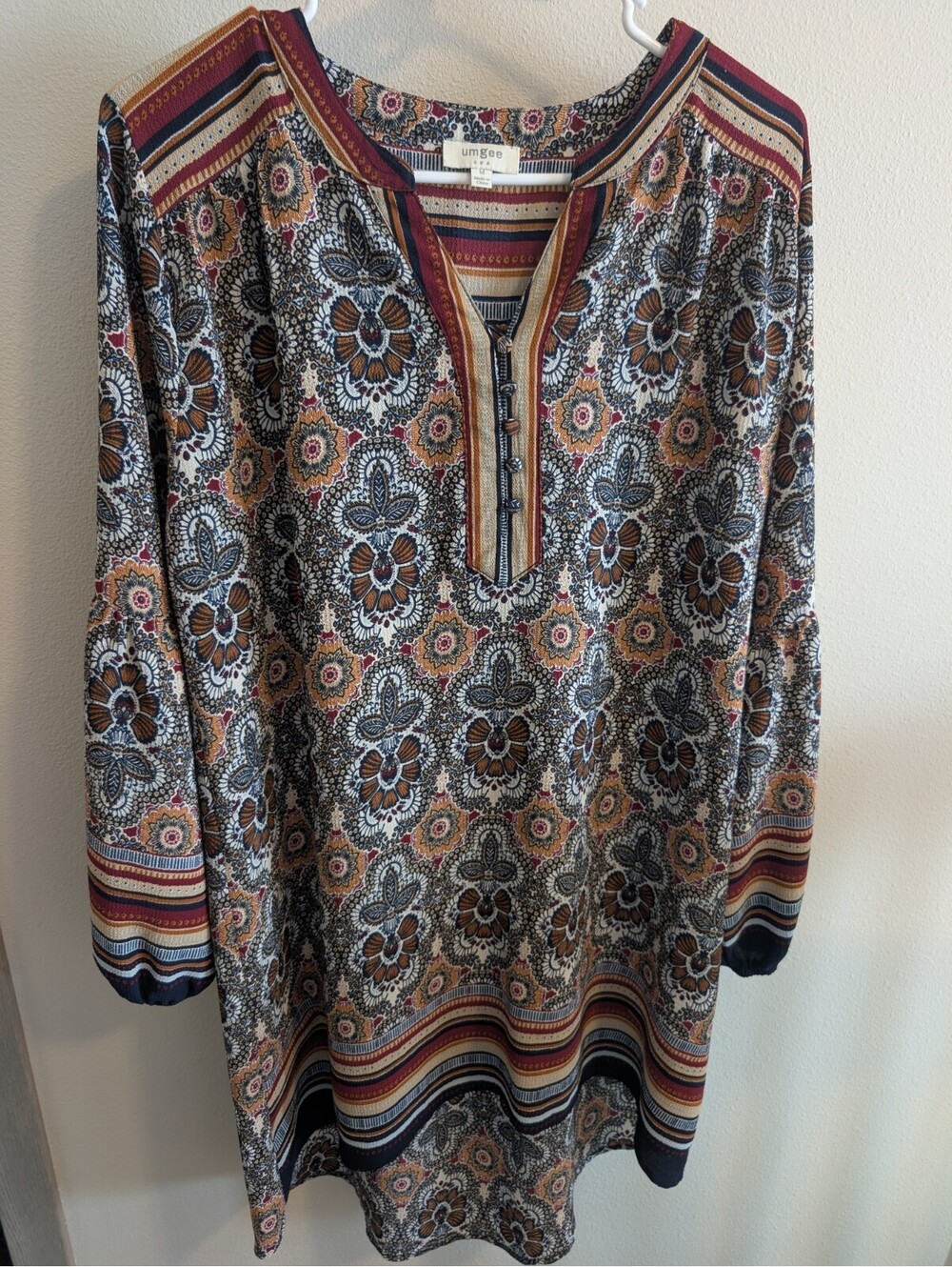 Umgee Women's Medium Floral Neutral Boho Tunic Blouse Western EUC Long Sleeve